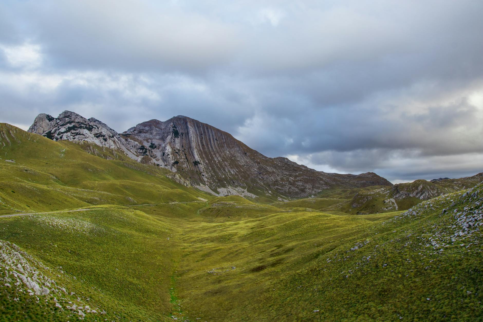 Letni górski krajobraz z zielonymi łąkami pod pochmurnym niebem